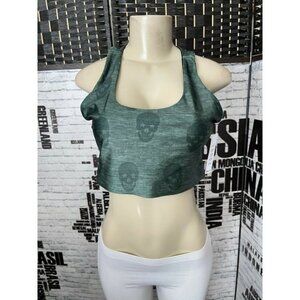 Terez L Heather Green Skull Print Scoop Neck Racerback Sport Bra